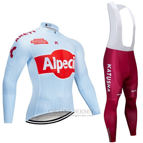 2019 Cycling Jersey Katusha Alpecin Light Blue Red Long Sleeve and Bib Tight